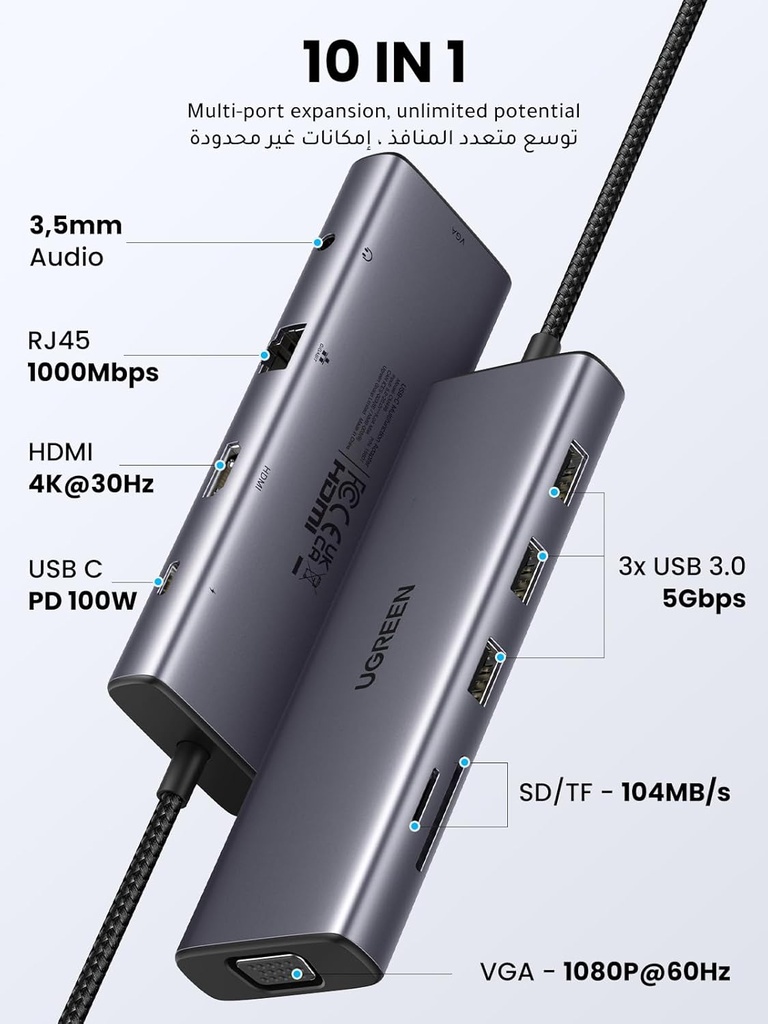 UGREEN 10-in-1 USB-C HUB 3xUSB-A 3.0 + USB-C 100W PD + SD/TF + RJ45 + 4K HDMI + VGA + 3.5mm Space Gr
