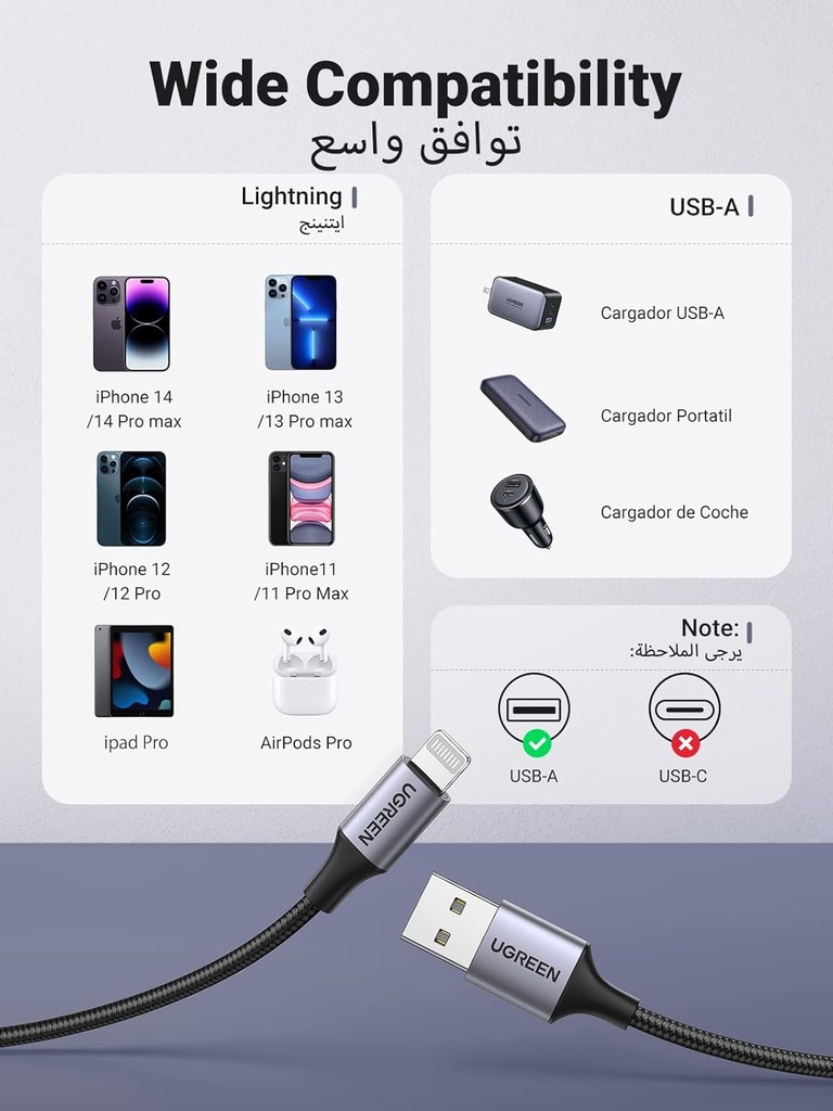 UGREEN USB-A to Lightning MFI Cable Alu Case with Nylon Braided 1m