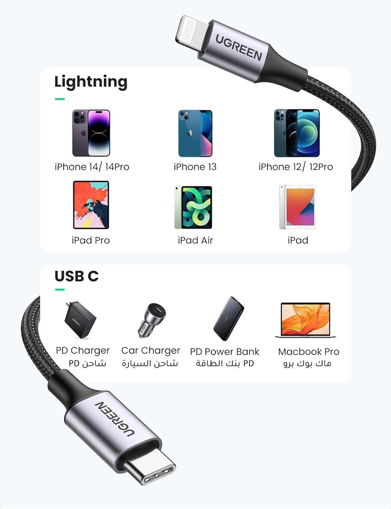 UGREEN USB-C to Lightning MFI Cable Alu Case with Nylon Braided 3A PD Fast Charging 1m SIL