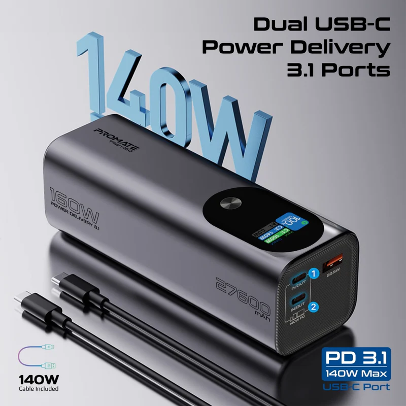 Promate Titan-160 Multi-Port PD 3.1 Power Bank with TFT LCD Screen