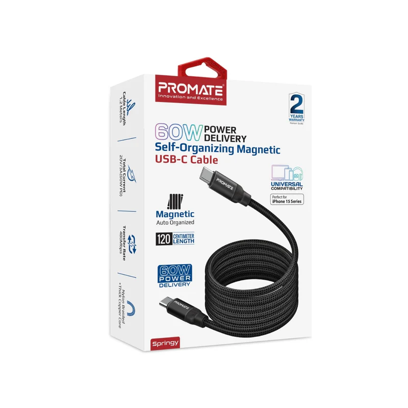 Promate Springy USB-C Cable Self Magnetic
